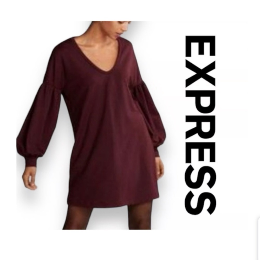Express Wine Balloon Sleeve‎ V Neck Shift Dress